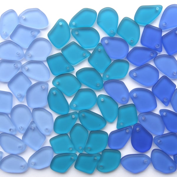 Sea Glass PENDANTS 15mm top drilled beads flat freeform assorted blue for jewelry making supply