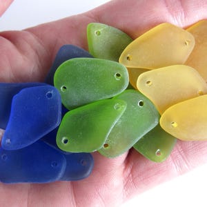 2 hole Cultured Sea Glass Pendant: 1" Double Hole Connector Bead Drilled Beach Glass Making Jewelry Supply Blue/Green/Yellow