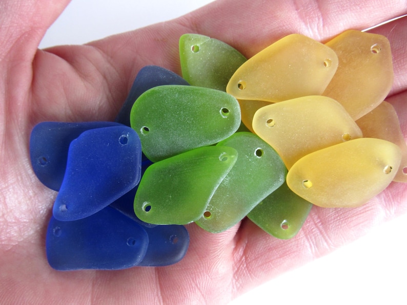 2 hole Cultured Sea Glass Pendant: 1" Double Hole Connector Bead Drilled Beach Glass Making Jewelry Supply Blue/Green/Yellow