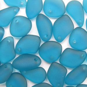 Cultured Sea Glass PENDANTS 15mm small pebbles Teal blue frosted drilled beach bead supply