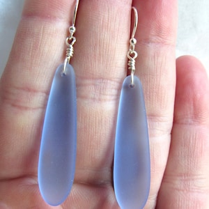 Cultured Sea Glass EARRINGS Handmade Sterling Silver Earwires 2 1/4&quot; Dangle frosted glass jewelry