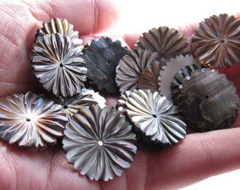 May include: A collection of brown and black shell buttons with a flower-like design. The buttons have a hole in the center and are arranged in a pile.