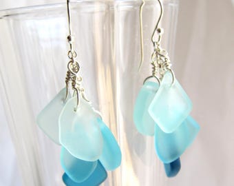 Handmade Cultured Sea GLASS EARRINGS Sterling Silver Cascading SEAFOAM colors
