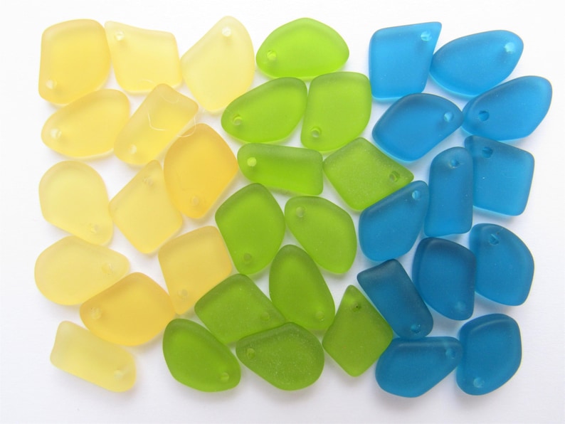 Cultured Sea Glass Pendants: flat 15mm predrilled Assorted Blue, Green, Pink Bead supply for making seaglass jewelry Blue/Green/Yellow