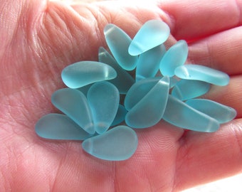 Blue Sea Glass Teardrop Pendants: Side Drilled Nugget Beads