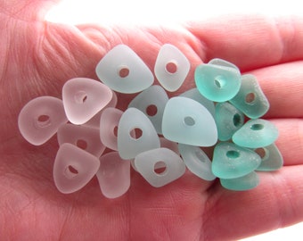 Cultured Sea Glass BEADS Flat 14mm Large Hole freeform nugget pebble ASSORTED 3 colors Good for making leather cord jewelry