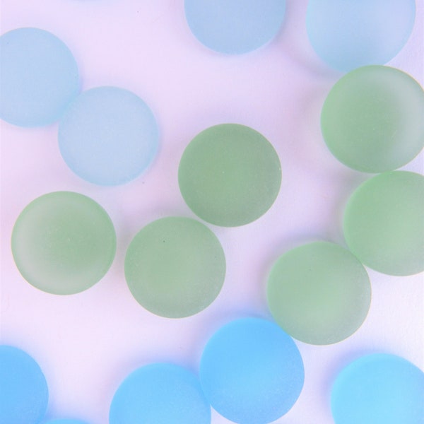 15mm CABS Round CABACHONS Frosted Glass Blues Greens Undrilled NOT Drilled for making jewelry