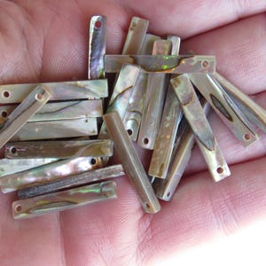 May include: A collection of rectangular, iridescent abalone shell beads with small holes at one end. The beads vary in color, displaying shades of brown, cream, and hints of green and purple. These natural shell beads are ideal for jewelry making.