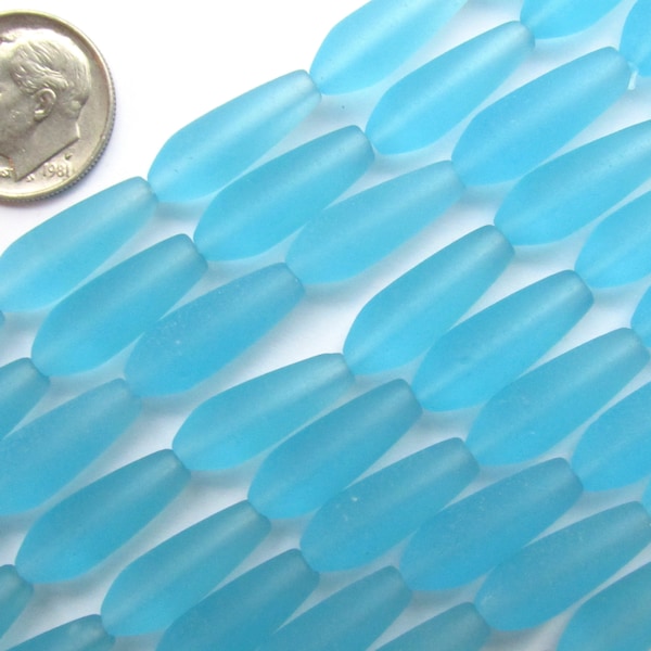 Cultured Sea Glass BEADS 18x6mm Teardrop BLUE u-pick length drilled frosted matte bead supply for making jewelry