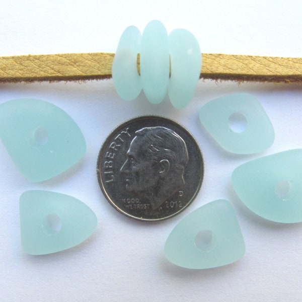 Cultured Sea Glass BEADS appr 14mm free form flat nugget stacking bead U-Pick BLUE aqua 3mm hole good for leather cord