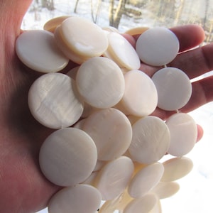 May include: A strand of white mother of pearl beads, each bead is round and flat, with a smooth, polished surface.