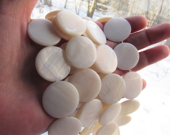 Peut inclure: Un brin de perles rondes et plates en nacre blanche, chaque perle ayant une surface lisse et polie.
