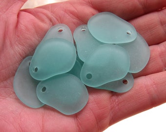 Frosted Sea Glass Pendants: Aqua Blue Freeform Curved Large Hole top drilled pendant (26x18mm) bead supply