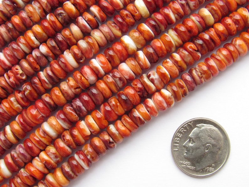 Peut inclure: Rang&eacute;es de perles en coquillage d'hu&icirc;tre &eacute;pineuse, aux tons orange, rouge et blanc. Les perles sont petites, plates et de forme irr&eacute;guli&egrave;re. Une pi&egrave;ce de 10 cents am&eacute;ricaine est incluse pour la r&eacute;f&eacute;rence de taille. Ces perles conviennent &agrave; la fabrication de bijoux.
