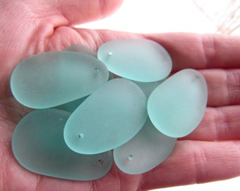 Cultured Sea Glass PENDANTS top drilled 33x20mm Light SAPPHIRE BLUE frosted glass Teardrop pendant beads supply