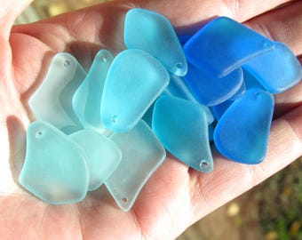 Large Cultured Sea Glass Pendants:  1" Drilled, Freeform Beads, Aqua Blue, making jewelry, bead supply