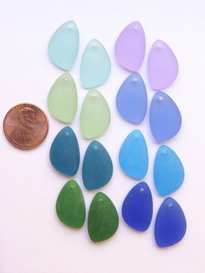 Sea Glass PENDANTS 21x13mm Pairs Aqua Blue Green Pink Purple 8 pair Top Drilled Great for making earrings