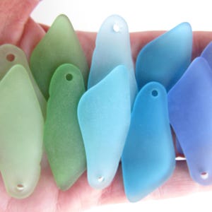 predrilled Sea Glass PENDANTS 48x22mm Large SHARD assorted blue green colors recycled glass bead design making jewelry supply