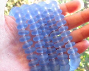Cultured Sea Glass Beads: Frosted 12mm Rondelle  - Blue, Recycled, 12x3.5mm Bead Making Jewelry