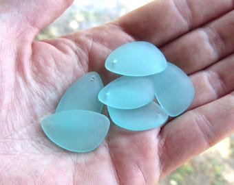 25x17mm Cultured Sea Glass Pendants: Frosted Blue Seaglass Jewelry Making Supply