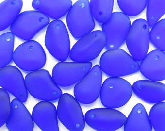 Royal Blue Sea Glass Pendants: Frosted Cobalt Drilled Pebble Beads (15mm)