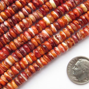 Peut inclure: Rang&eacute;es de perles en coquillage d'hu&icirc;tre &eacute;pineuse, aux tons orange, rouge et blanc. Les perles sont petites, plates et de forme irr&eacute;guli&egrave;re. Une pi&egrave;ce de 10 cents am&eacute;ricaine est incluse pour la r&eacute;f&eacute;rence de taille. Ces perles conviennent &agrave; la fabrication de bijoux.