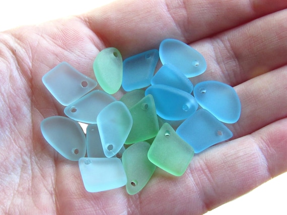 Cultured Sea Glass Pendants: flat 15mm predrilled Assorted Blue, Green, Pink Bead supply for making seaglass jewelry