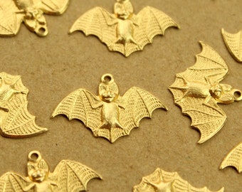 2 pc. Raw Brass Detailed Bat Charms: 26mm by 17mm - made in USA | RB-1365