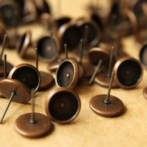 50 pc. 8mm Ear Post Blank Cabochon Setting Antique Copper FI-168 image 2