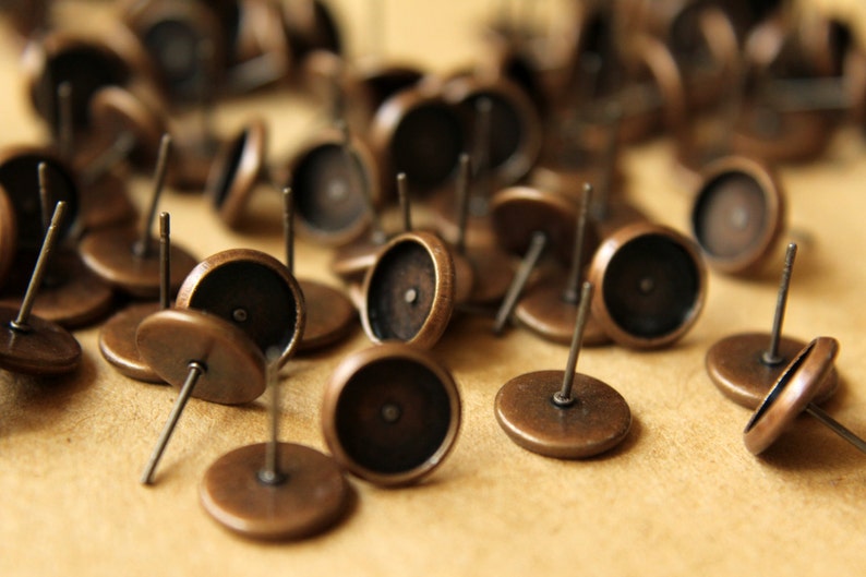 50 pc. 8mm Ear Post Blank Cabochon Setting Antique Copper FI-168 image 2