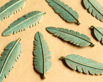 10 pc. Verdigris Antique Bronze Round Feather Pendant, 44mm by 14mm | MIS-075
