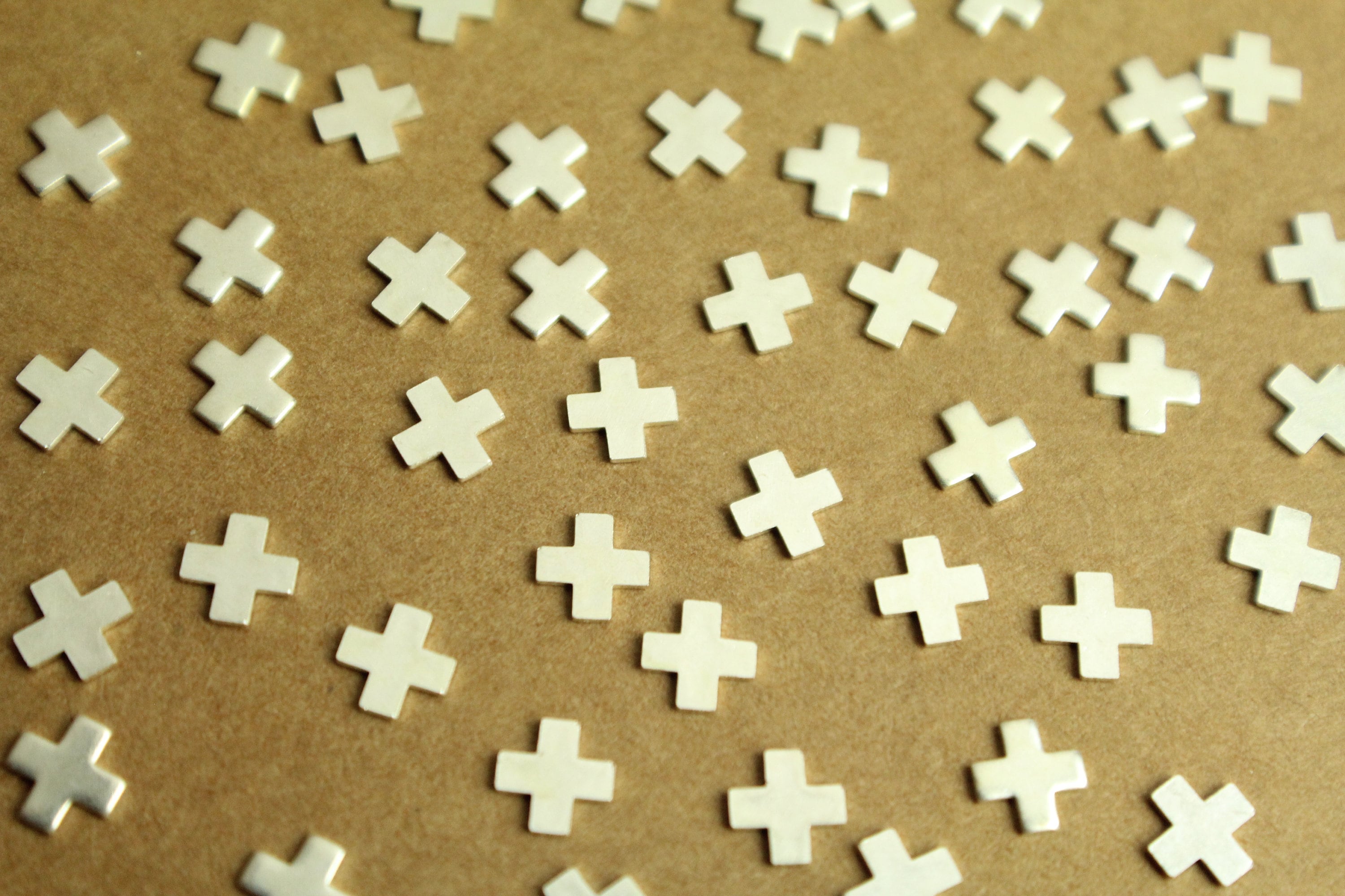 24 pc. Tiny Silver Plated Brass Plus Sign Stampings: 6mm by 6mm - made in USA Math Symbol Multiplication Cross X Letter Alphabet | SI-353