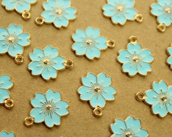 6 pc. Blue and Gold Enameled Sakura Flower Charms, 20.5mm x 17.5mm | MIS-205*