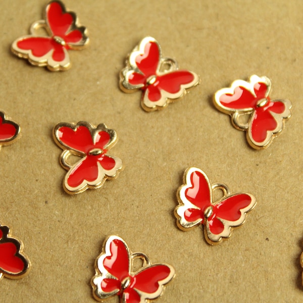 10 pc. Red and Gold Enameled Butterfly Charms, 12.5mm x 10.5mm | MIS-288*