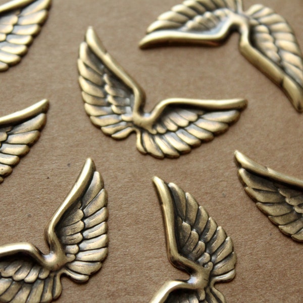 6 pc. Antique Brass Plated Angel Wings Stampings: 29mm by 16mm - made in USA | AB-096