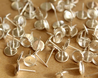 50 pc. 6.5mm Ear Post Blank Cabochon Setting Bright Silver | FI-230