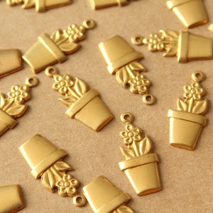 14 pc. Raw Brass Potted Flower Charms: 21mm by 10mm made in USA flower houseplant floral sunflowers garden plant bouquet RB-1407 image 1