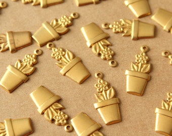 14 pc. Raw Brass Potted Flower Charms: 21mm by 10mm - made in USA flower houseplant floral sunflowers garden plant bouquet | RB-1407