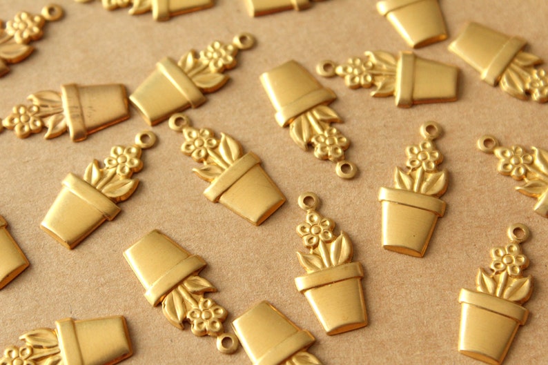 14 pc. Raw Brass Potted Flower Charms: 21mm by 10mm made in USA flower houseplant floral sunflowers garden plant bouquet RB-1407 image 1