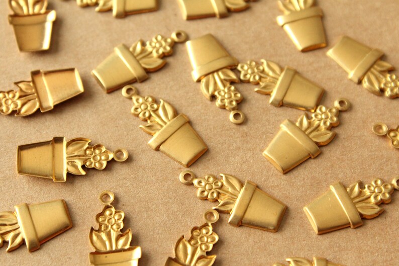 14 pc. Raw Brass Potted Flower Charms: 21mm by 10mm made in USA flower houseplant floral sunflowers garden plant bouquet RB-1407 image 2