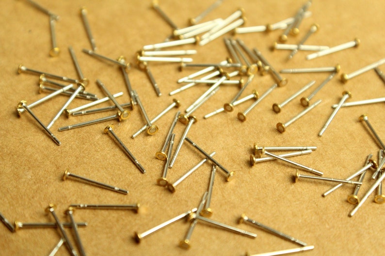 100 pc. Stainless steel earring posts with raw brass pads, 2mm pad FI-597 image 2