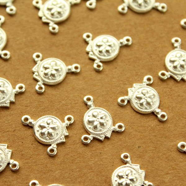 8 pc. Silver Plated Brass Three Hole Connector, Flower: 13mm by 14mm - made in USA | SI-310