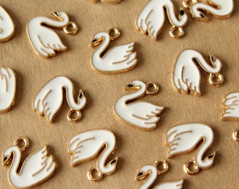 12 pc. Enameled Swan Charms, 14mm x 14mm | MIS-442