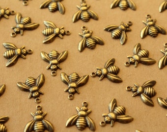 10 pc. Medium Antique Brass Plated Bee Charms: 12mm by 13mm - made in USA | AB-310