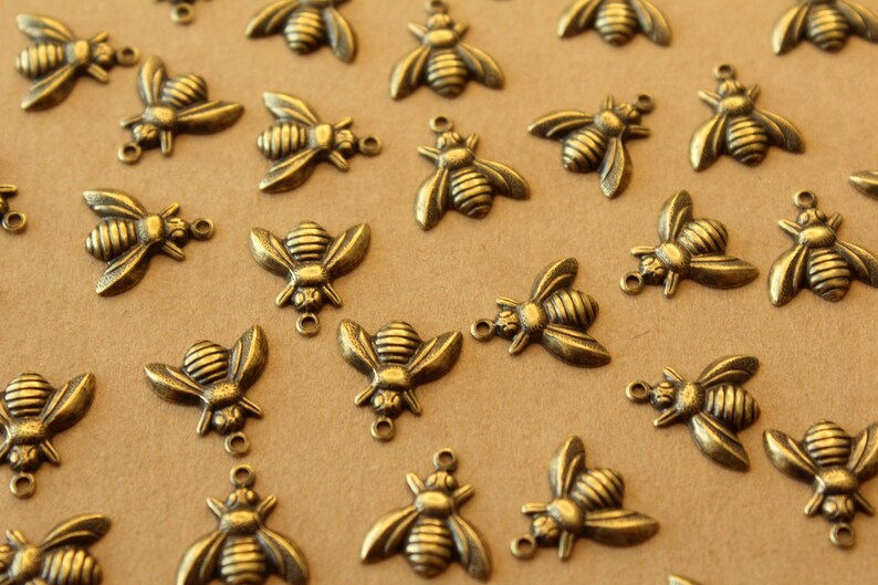 10 pc. Medium Antique Brass Plated Bee Charms: 12mm by 13mm made in USA AB-310 image 1