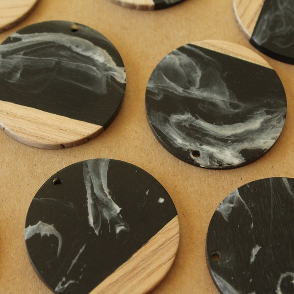 2 pc. Black and White Marbled Resin and Wood Circle Pendants, 38.5mm diameter | MIS-413