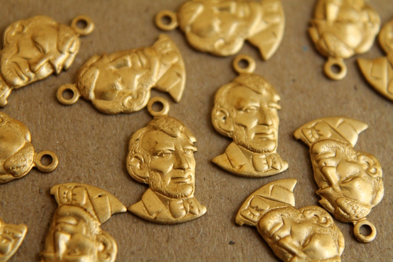 12 pc. Raw Brass Abe Lincoln Charms: 15mm by 9mm made in USA RB-173 image 1