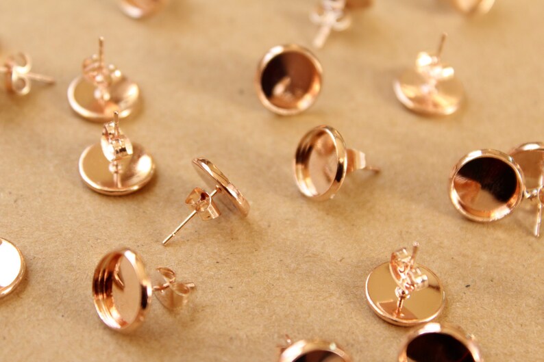 20 pc. 10mm Ear Post Blank Cabochon Setting Rose Gold, Nickel Free FI-300 image 3