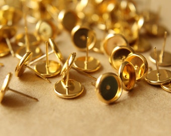 50 pc. 8mm Ear Post Blank Cabochon Setting Gold, Nickel Free | FI-166