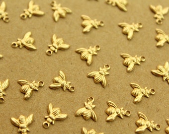 14 pc. Tiny Raw Brass Bee Charms: 8mm by 6mm - made in USA | RB-1362